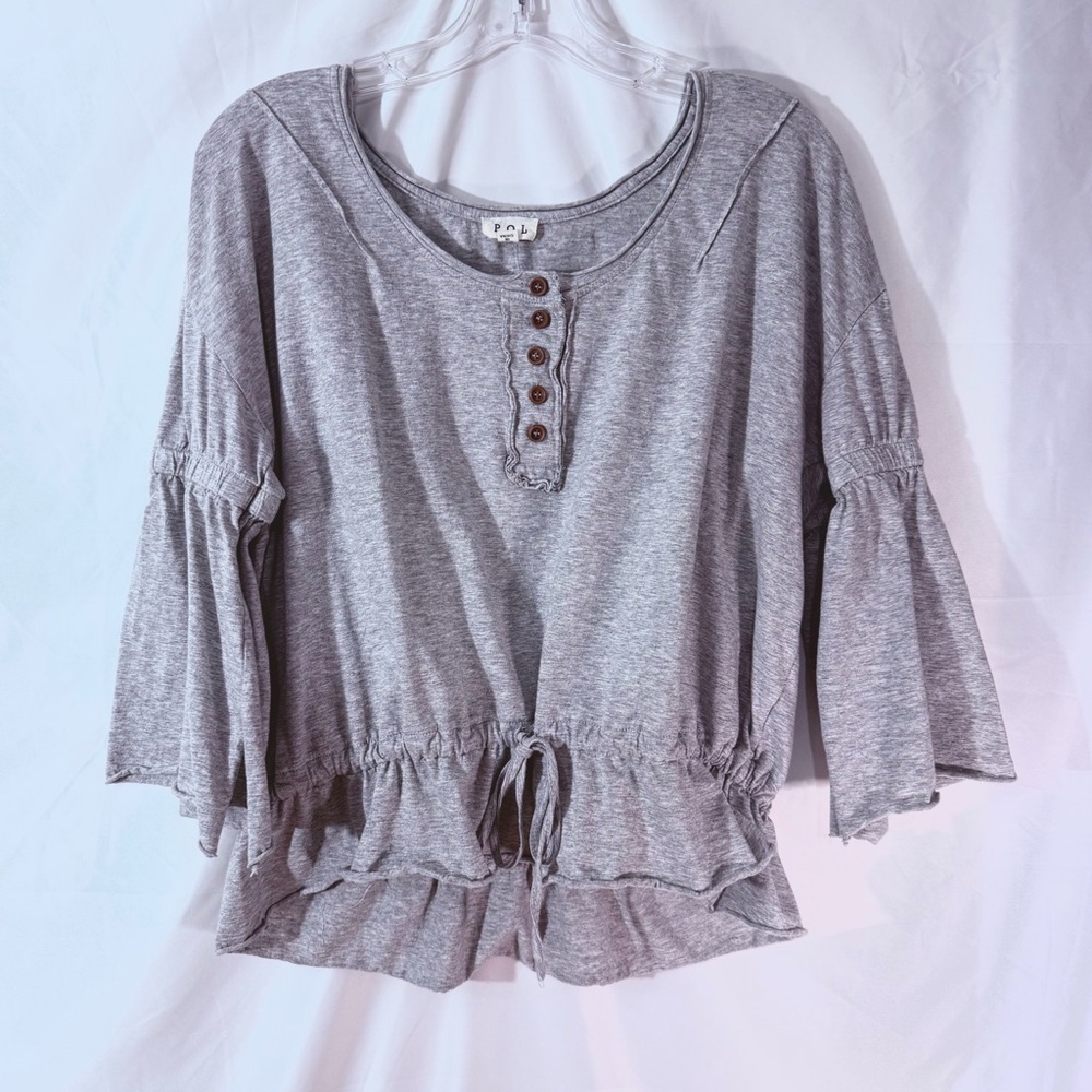 POL Peplum Style Tie Waist Top With Front Button Detail And Elastic 3/4 Sleeves